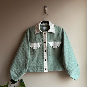 Sage Quilted Bomber Jacket with Cream Trim